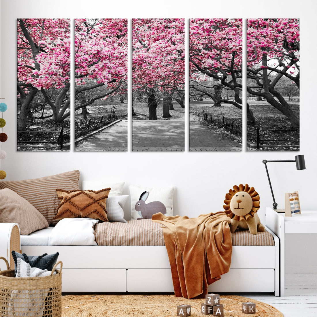 Large Pink Trees Black and White Landscape Nature Wall Art Canvas Print