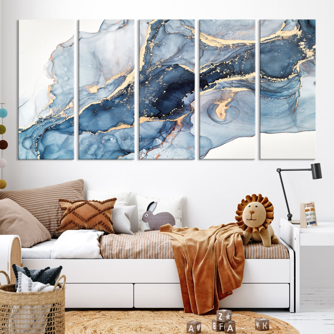 Large Blue Abstract Fluid Effect Marble Canvas Wall Art Print