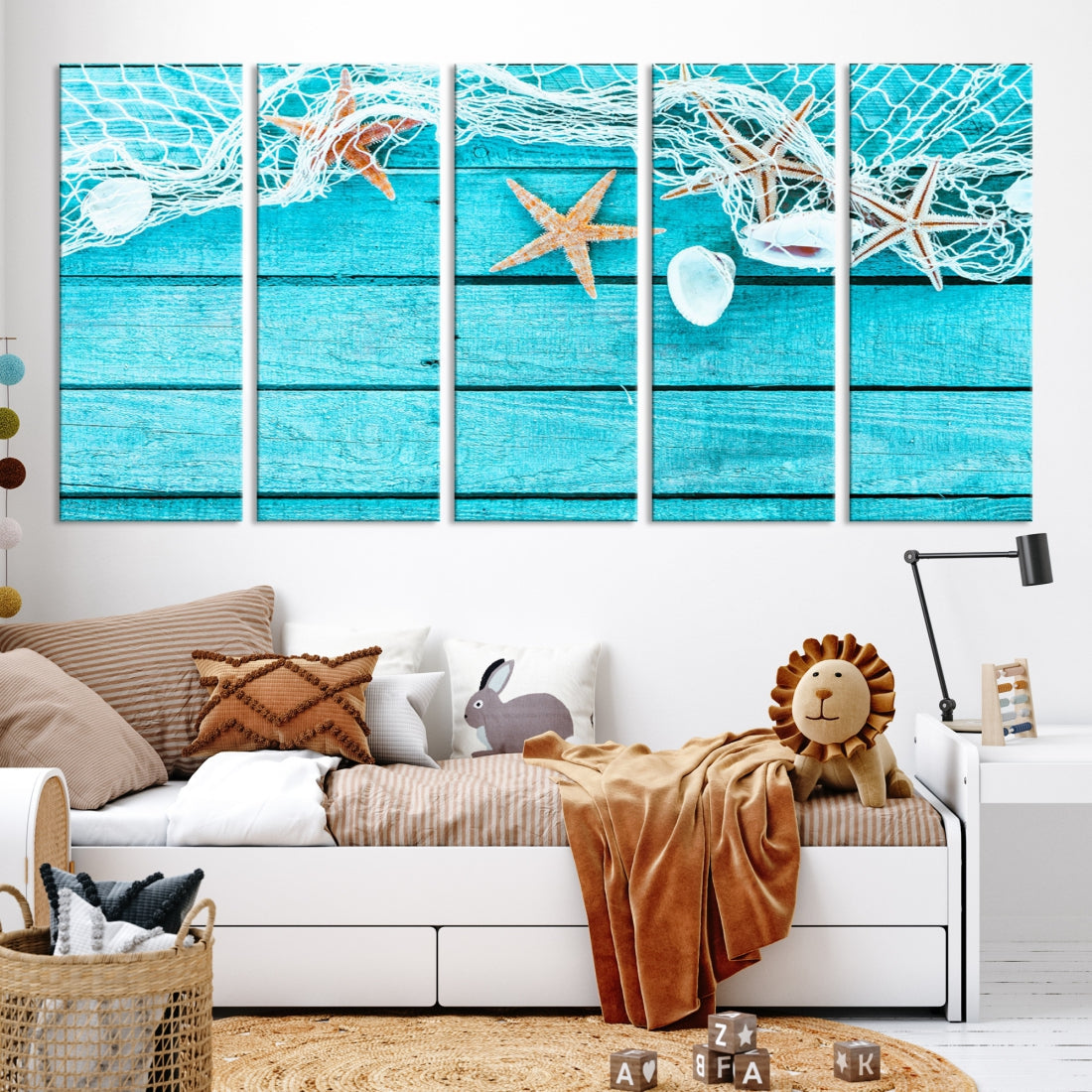 Seashells Starfish on Light Blue Wood Background Canvas Wall Art Nautical Giclee Print