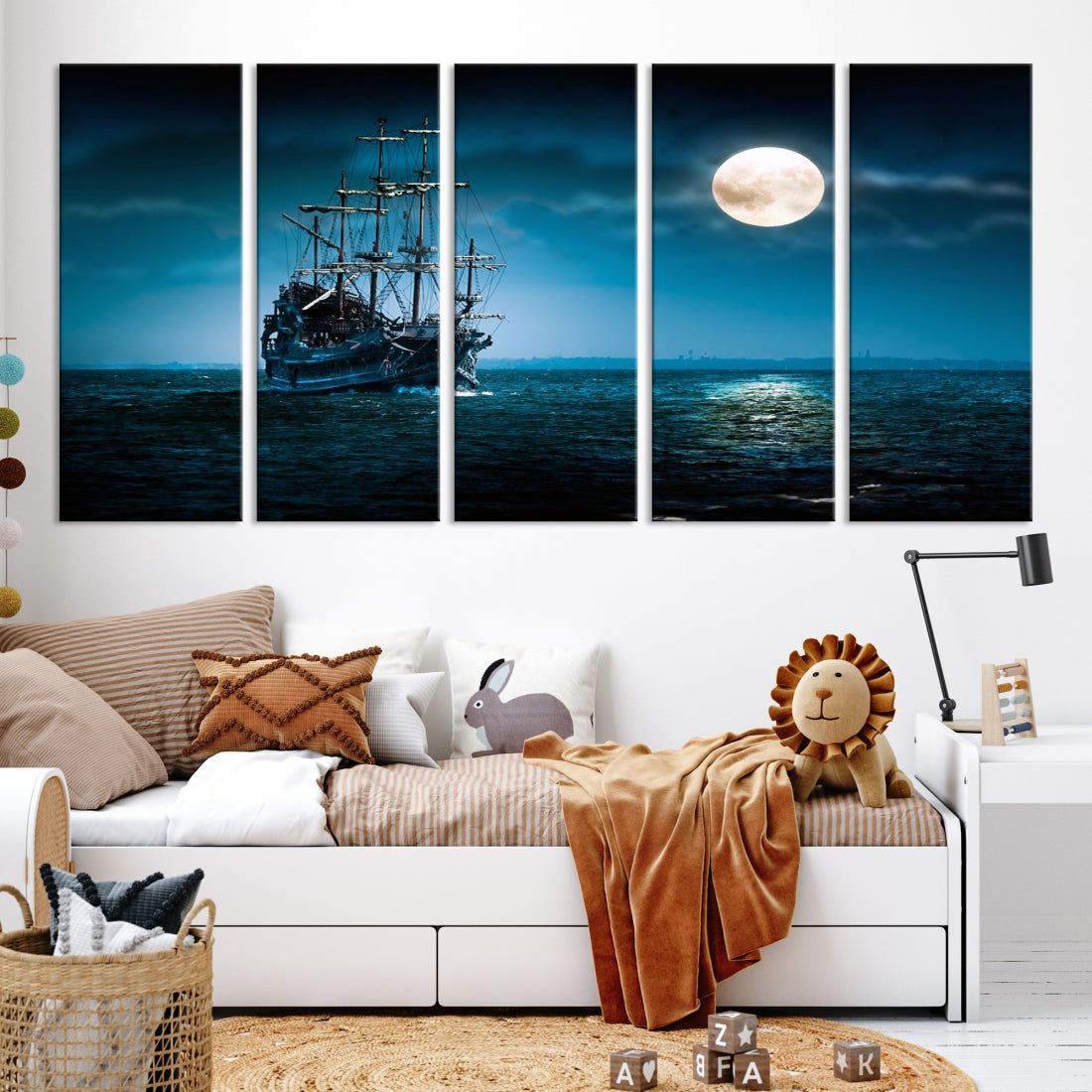 Moon and Ship in Ocean at Night Large Wall Art Canvas Print