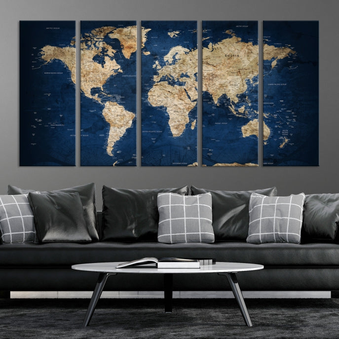 Make a Bold Statement with Our Large, Detailed Modern Blue Style World Map Canvas Print Wall ArtA Unique Decor Piece