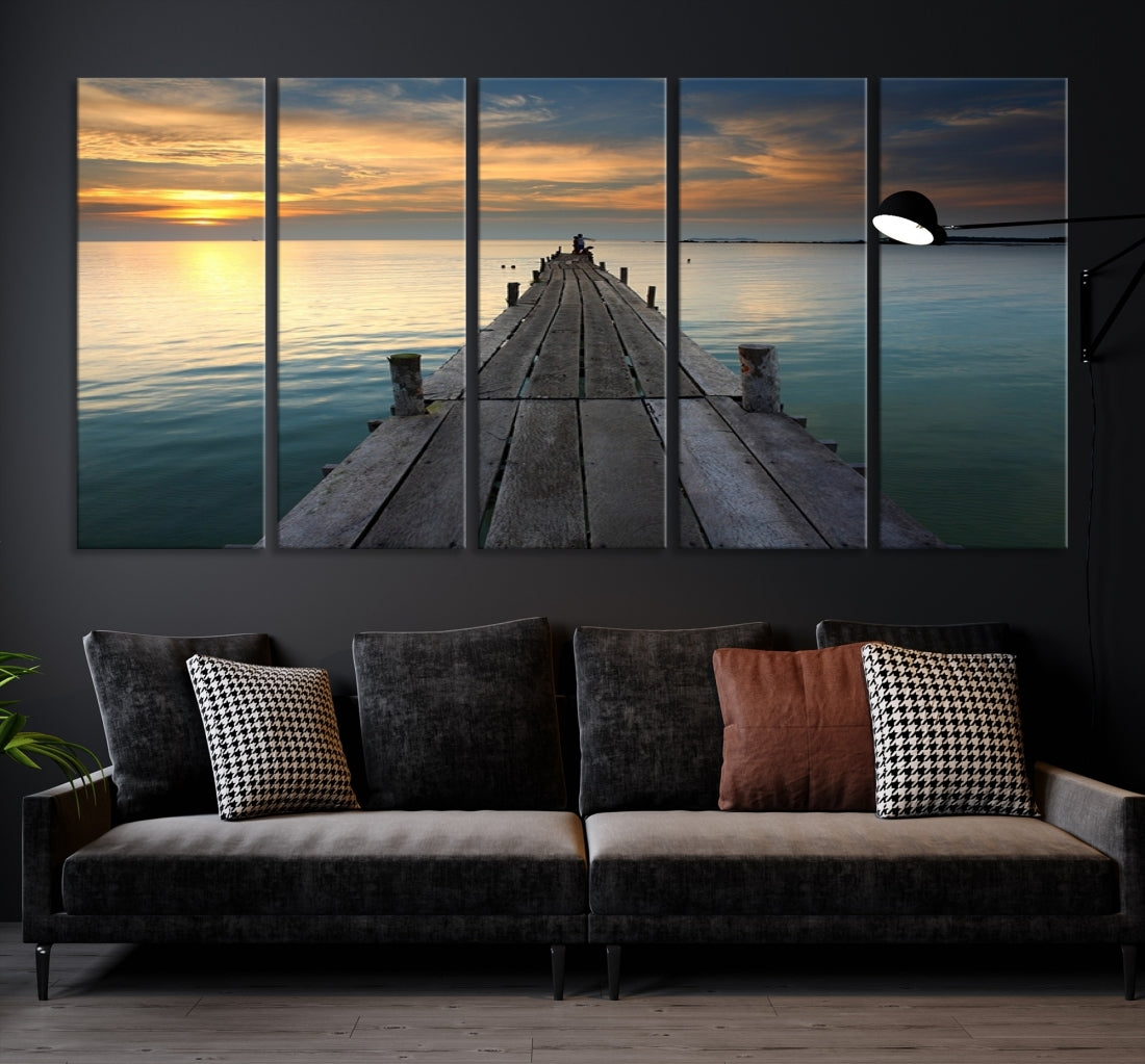 Large Wall Art Canvas Wooden Pier on Glassy Sea at Sunset