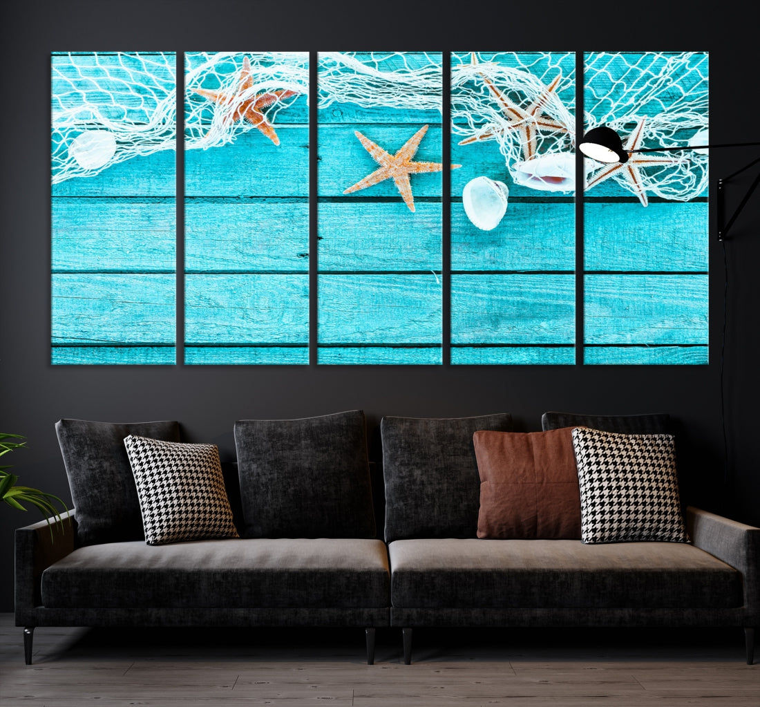 Seashells Starfish on Light Blue Wood Background Canvas Wall Art Nautical Giclee Print