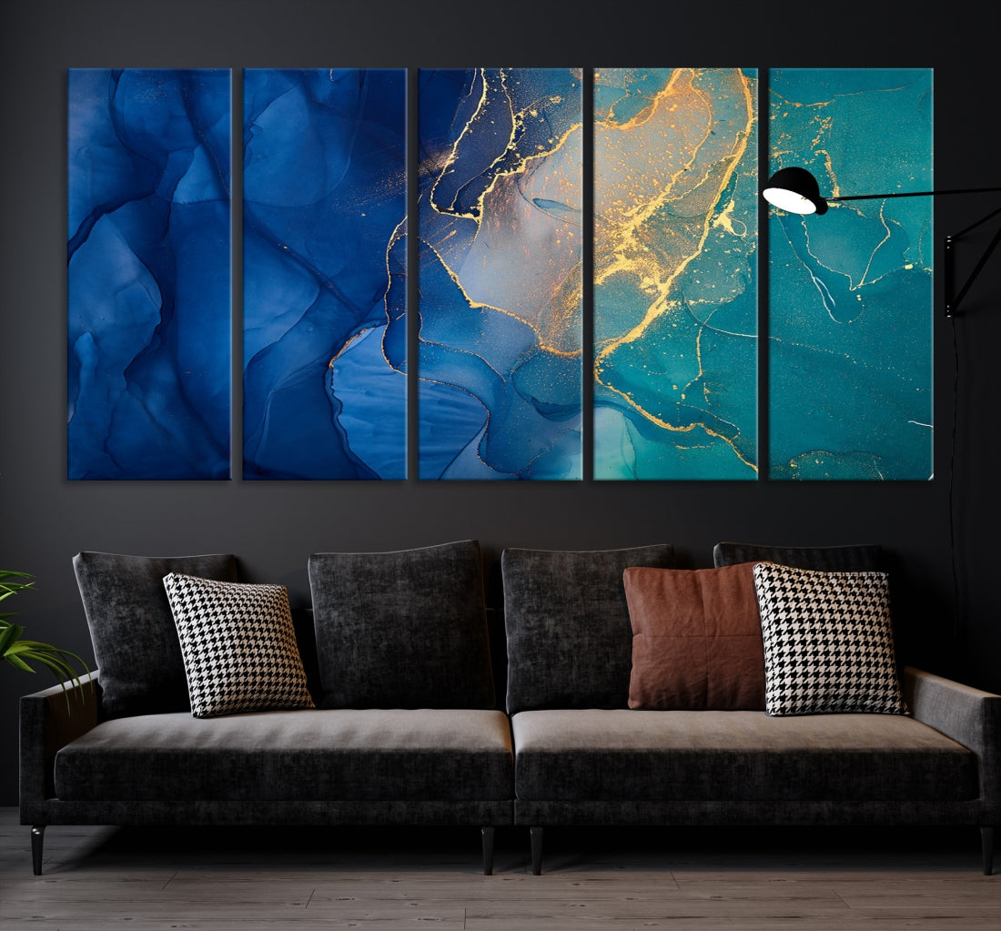 Navy Blue and Green Gold Modern Abstract Canvas Wall Art Giclee Print