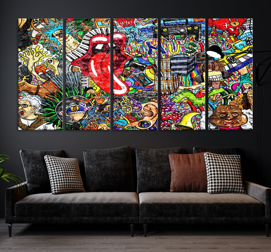 Music Collage on Brick Wall Street Graffiti Wall Art Canvas Print Modern Art