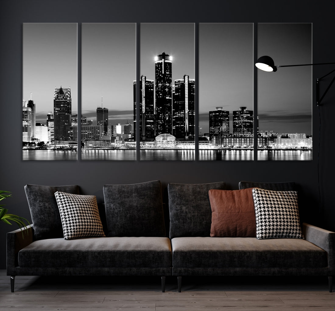 Extra Large Detroit Skyline Black and White Cityscape Wall Art Canvas Print