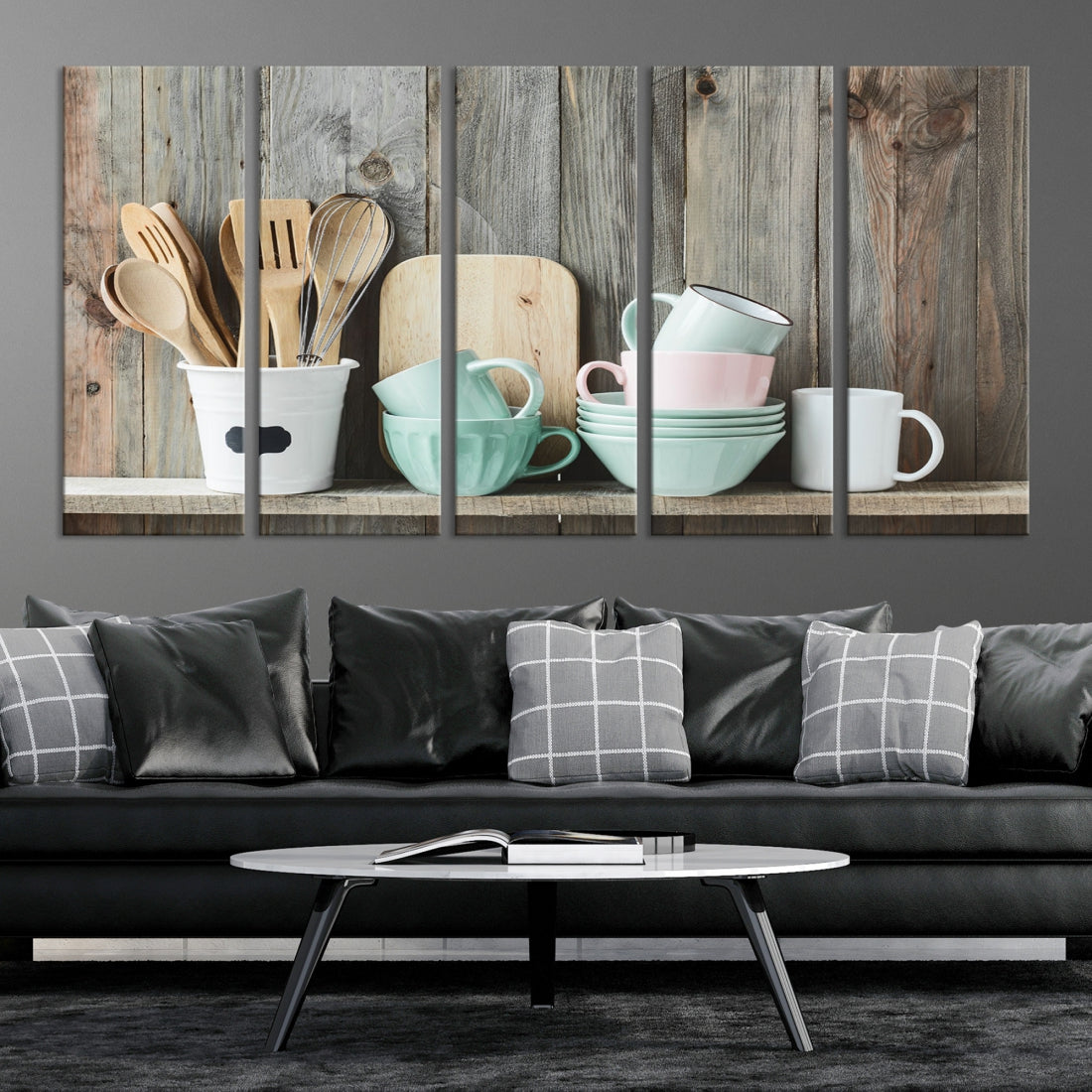 Kitchenware on Rustic Woods Extra Large Canvas Wall Art Kitchen Tools Cooking Art Canvas Print Framed Ready to Hang