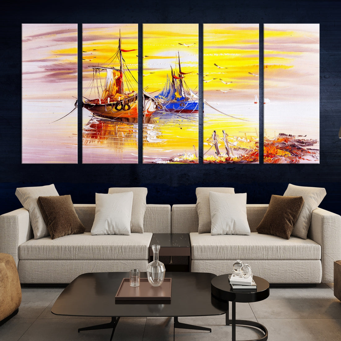 Glamorous Sunset and Boats Oil Painting Large Wall Art Canvas Print