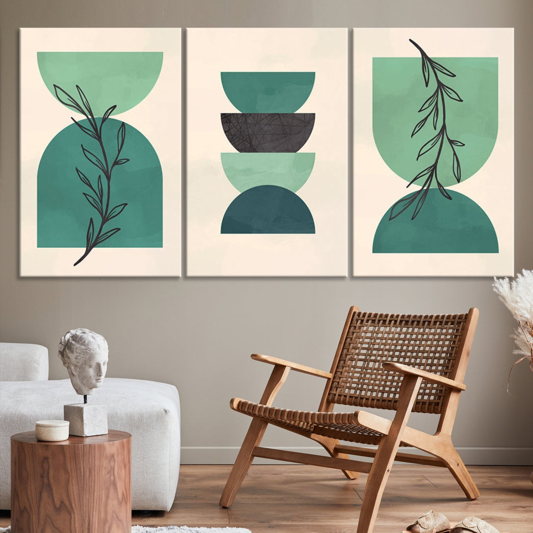 Boho Green Circles and Floral Wall Art Canvas Print Modern Minimal Style Art