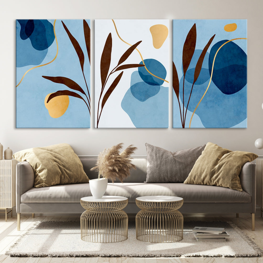 Extra Large Boho Pastel Blue and Yellow Floral Wall Art Framed Canvas Print