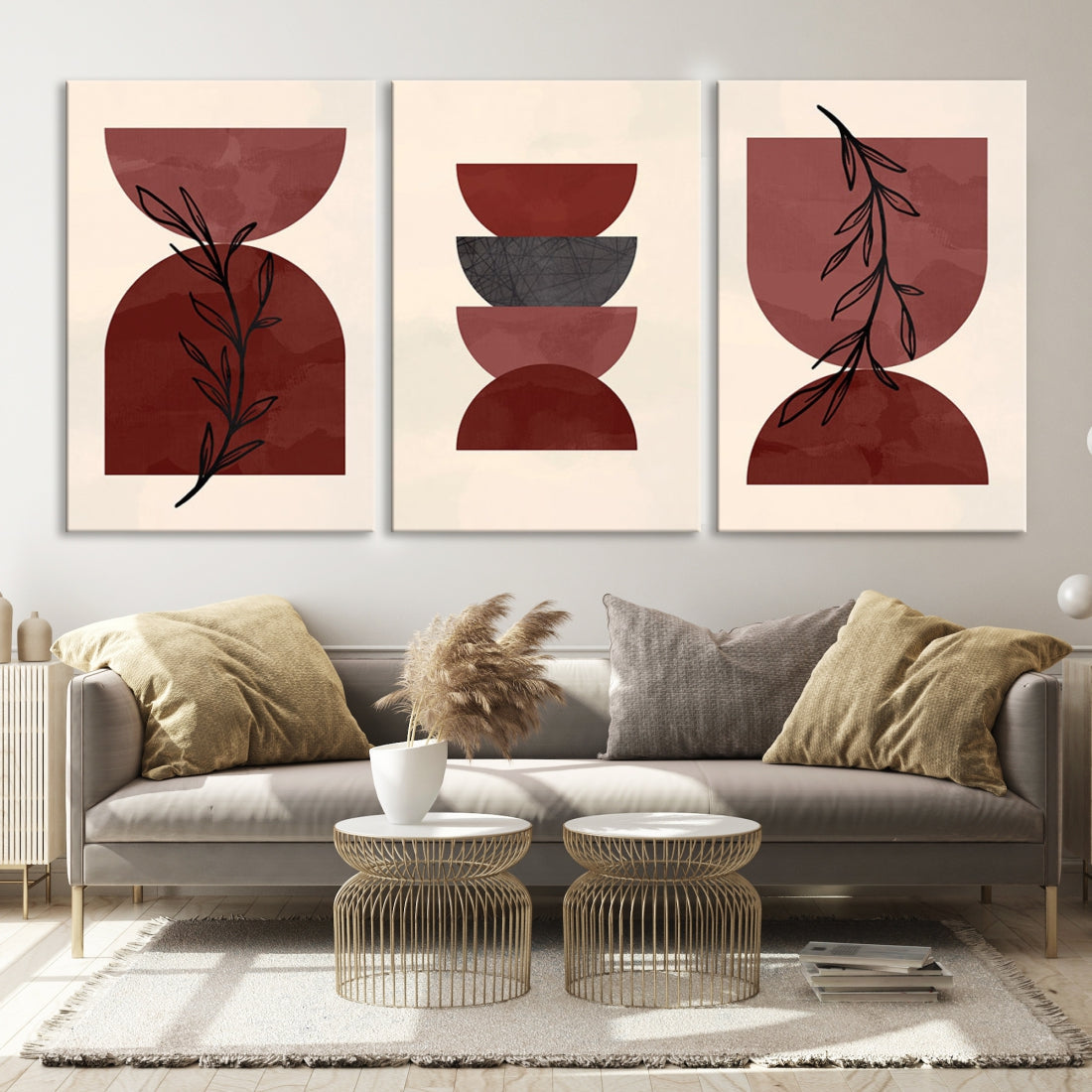 Boho Red Circles and Floral Wall Art Canvas Print for Living Room Decor