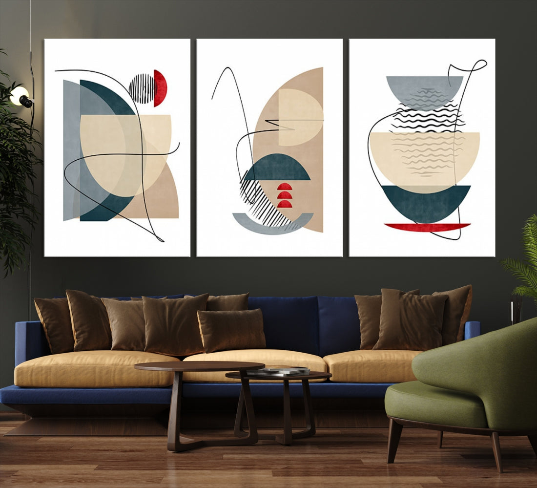Boho Neutral Blue and Red Shapes Mid Century Wall Art Canvas Print