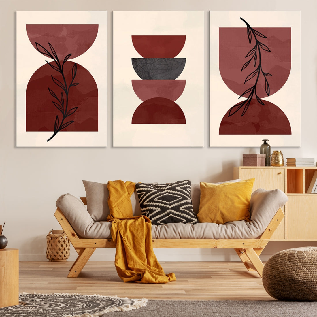 Boho Red Circles and Floral Wall Art Canvas Print for Living Room Decor