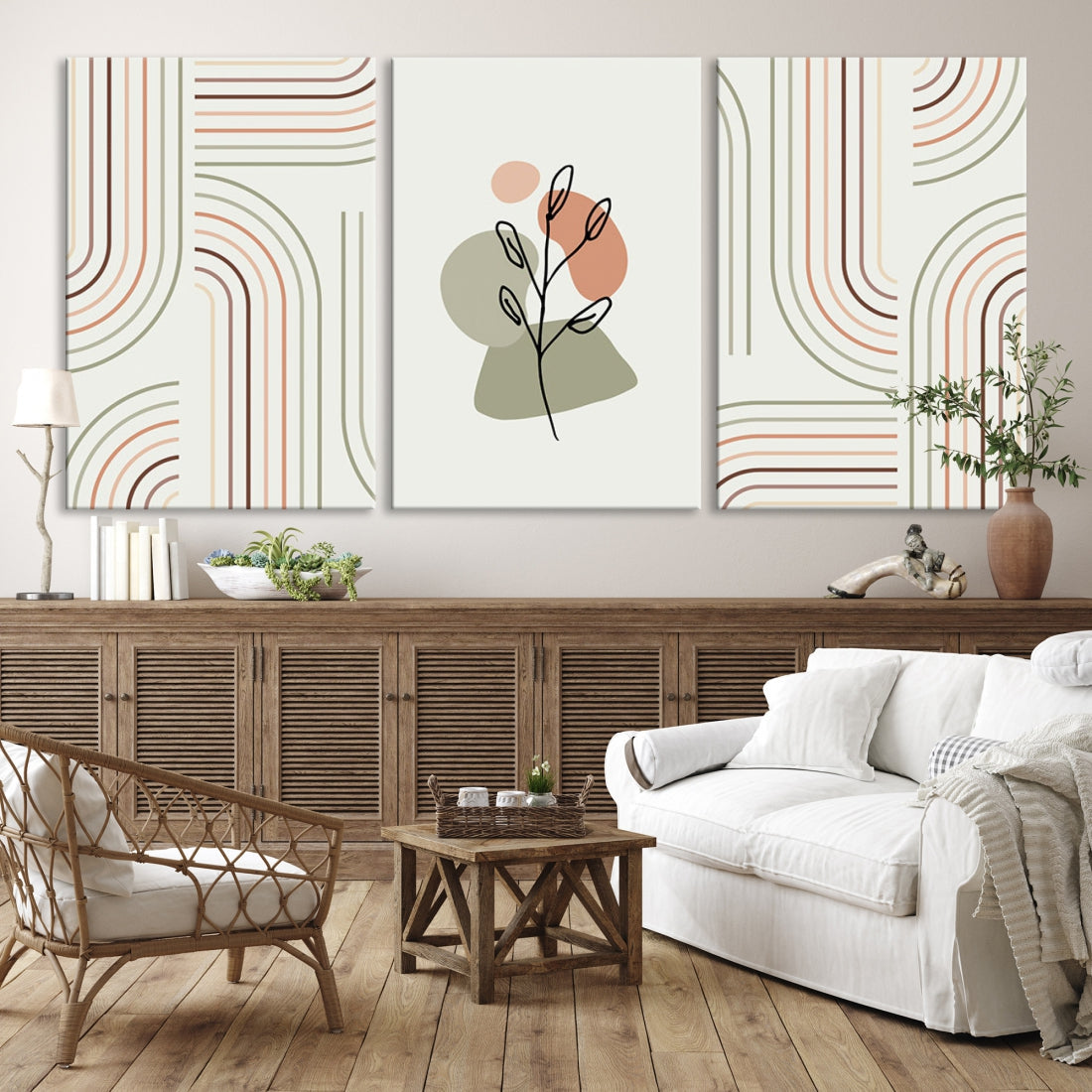 Boho Pastel Colors Floral and Lines Modern Wall Art Canvas Print Wall Decor