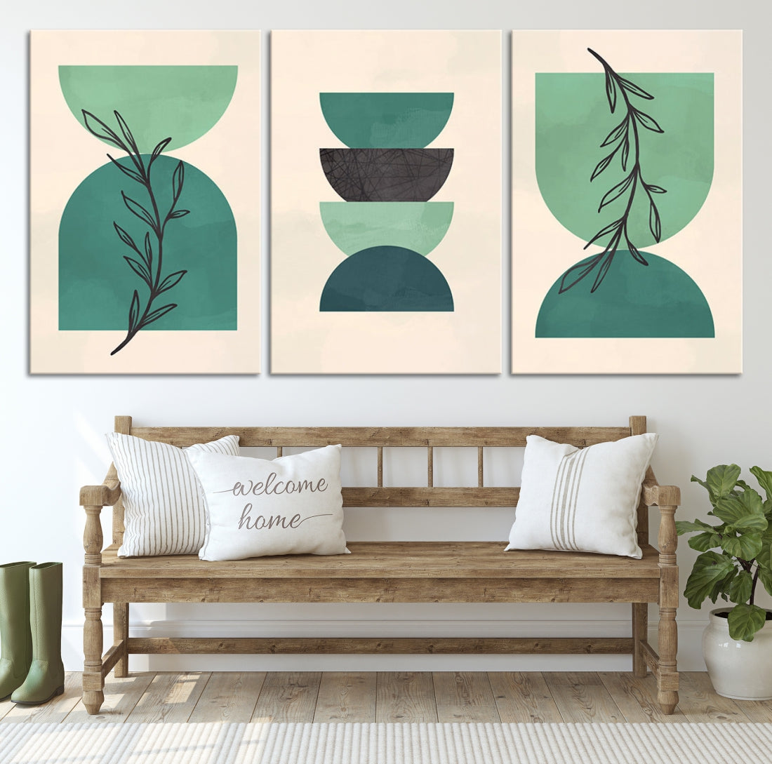 Boho Green Circles and Floral Wall Art Canvas Print Modern Minimal Style Art
