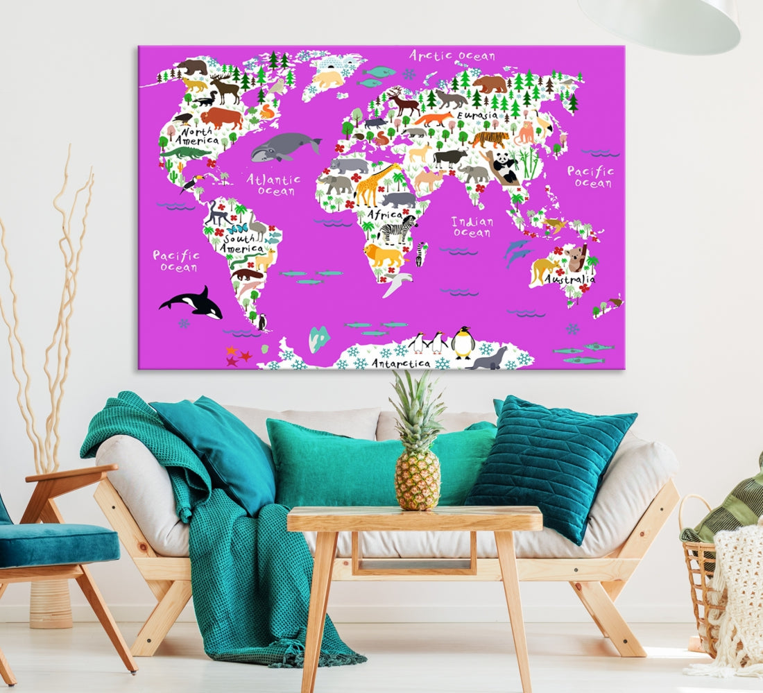 Purple Animal World Map Canvas Prints For Kids Room Decoration, Kids World Map Canvas Print Nursery Room Canvas Wall
