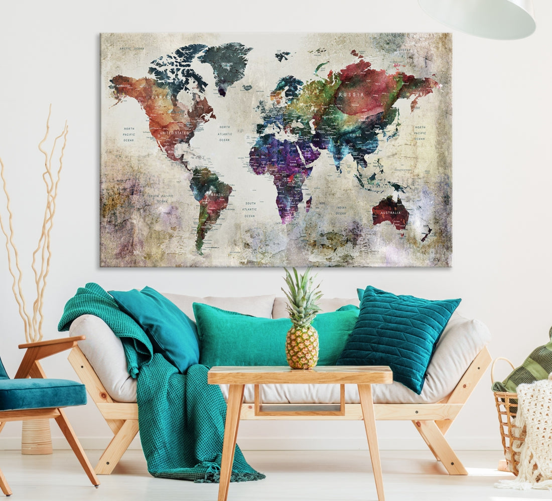 Colorful Large World Map Wall Art Canvas Print Ready to Hang