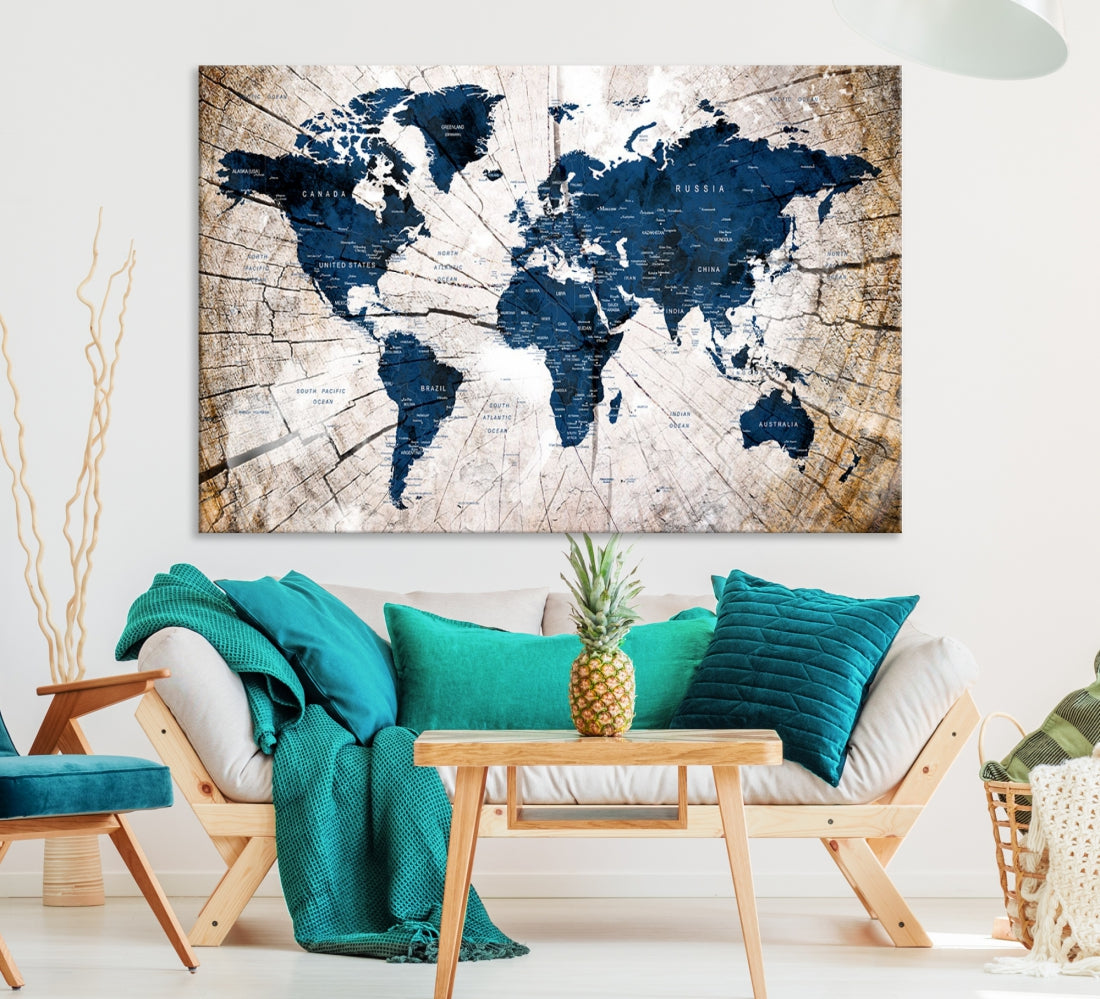 Navy Blue World Map Wall Art Canvas Print on Wood Texture Background