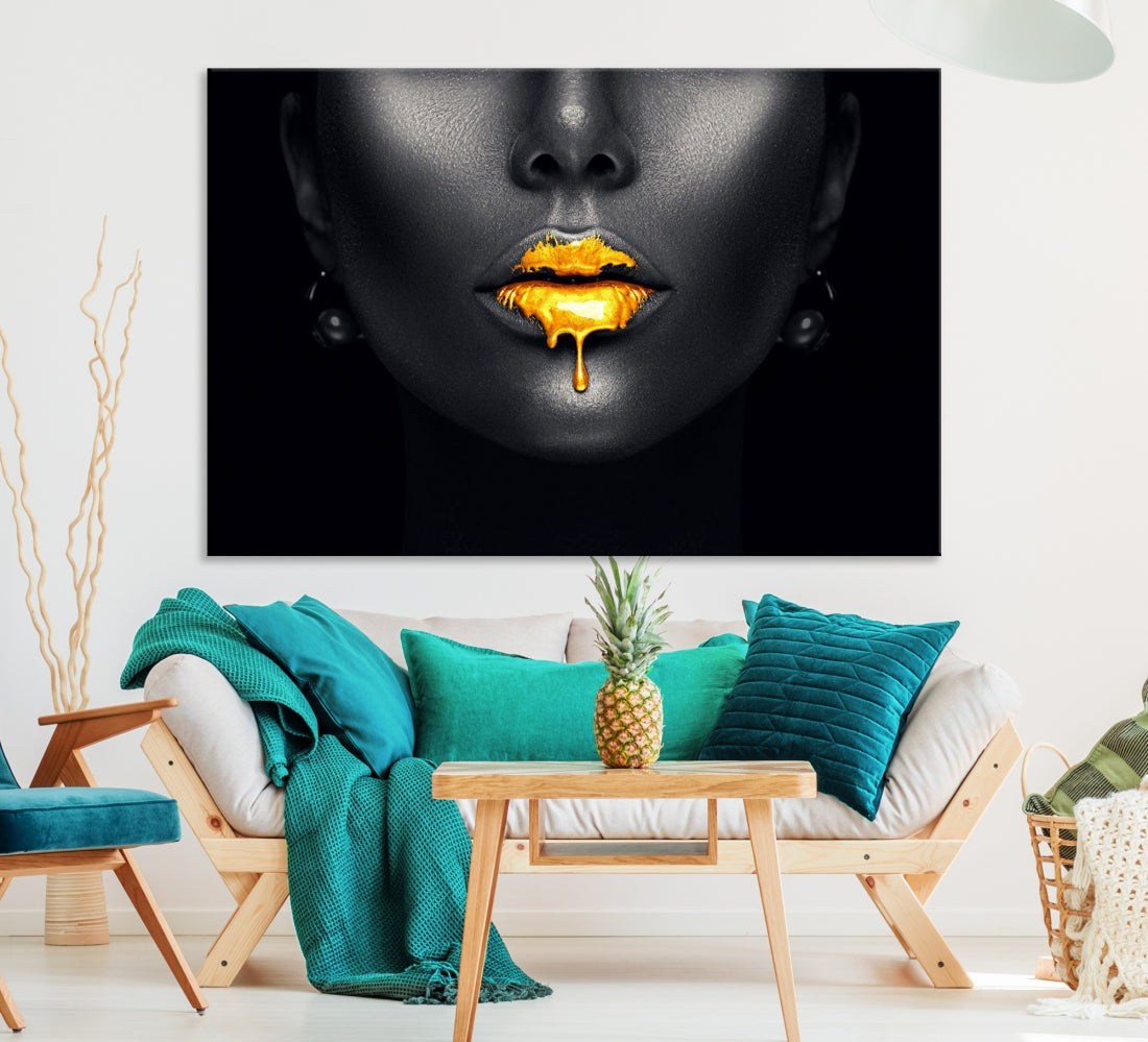 Honey Gold Lips and Black Woman Photograph Canvas Wall Art Print Makeup Canvas Art Lips Print Fashion Beauty Split