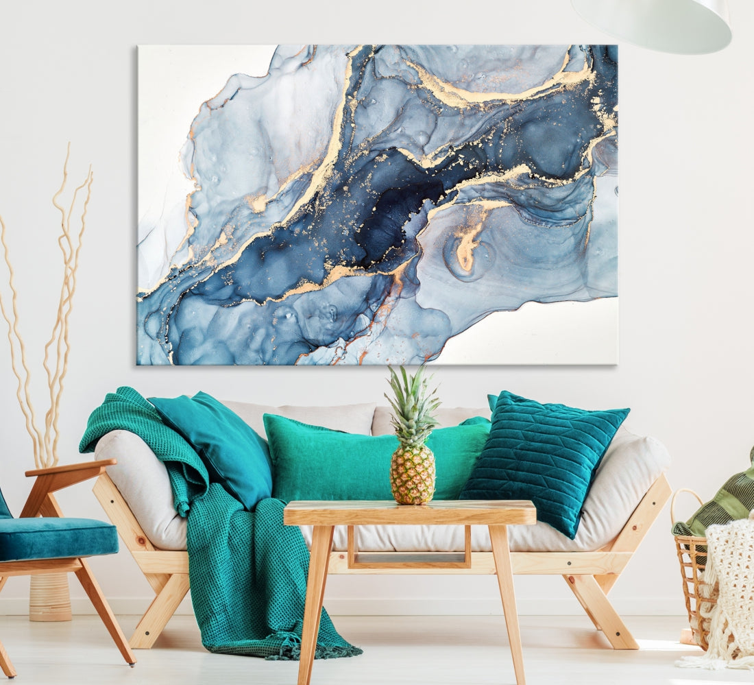 Large Blue Abstract Fluid Effect Marble Canvas Wall Art Print