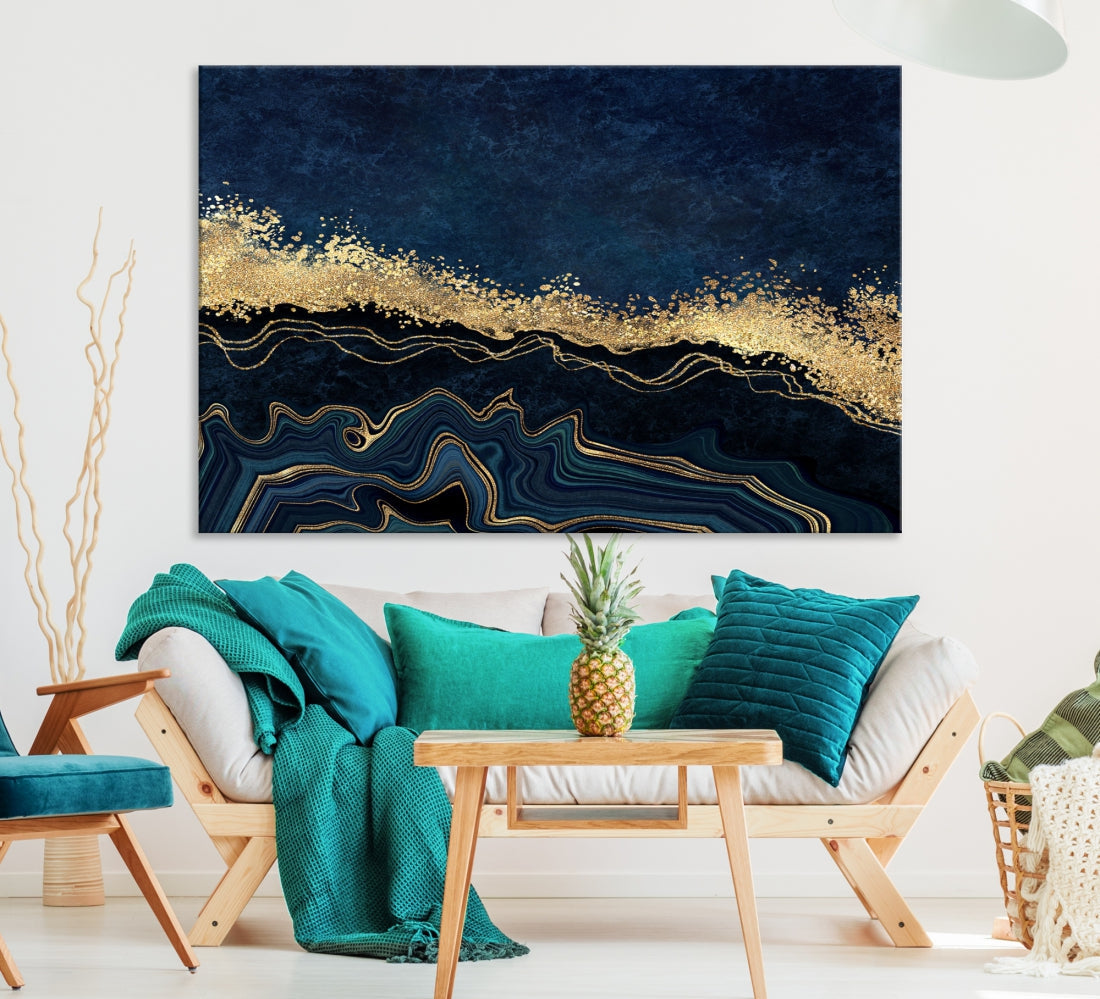 Navy Blue and Gold Modern Abstract Canvas Wall Art Giclee Print