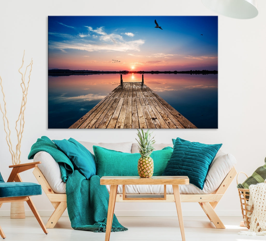 Breathtaking Sunset and Wooden Pier Canvas Wall Art Print Landscape Artwork for Decoration