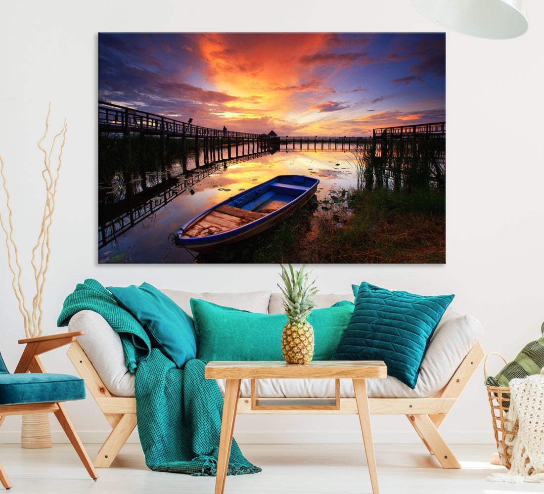 Serene Lake Boat Adventure at Sunset Wall Art Canvas Print
