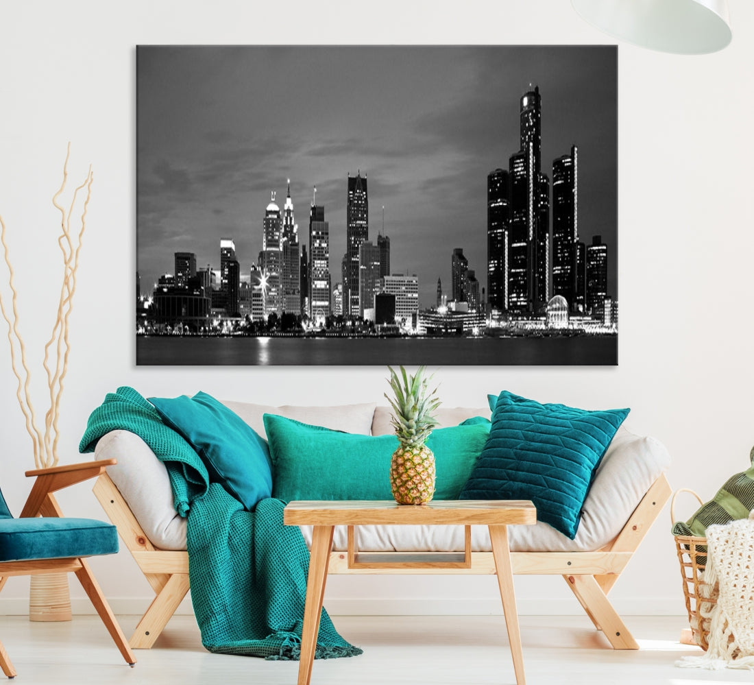 Detroit City Lights Black and White Skyline Wall Art Framed Canvas Print
