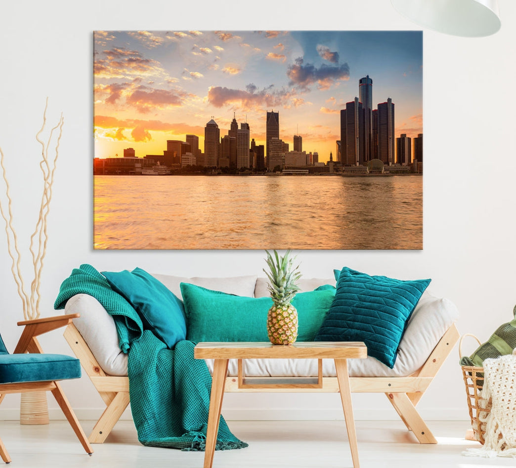 Detroit Sunrise Photography Skyline Cityscape Large Wall Art Canvas Print