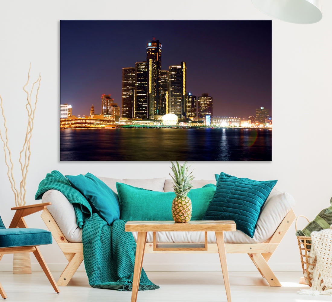 Detroit Wall Art Night Skyline Canvas Print Framed Living Room Office Decor