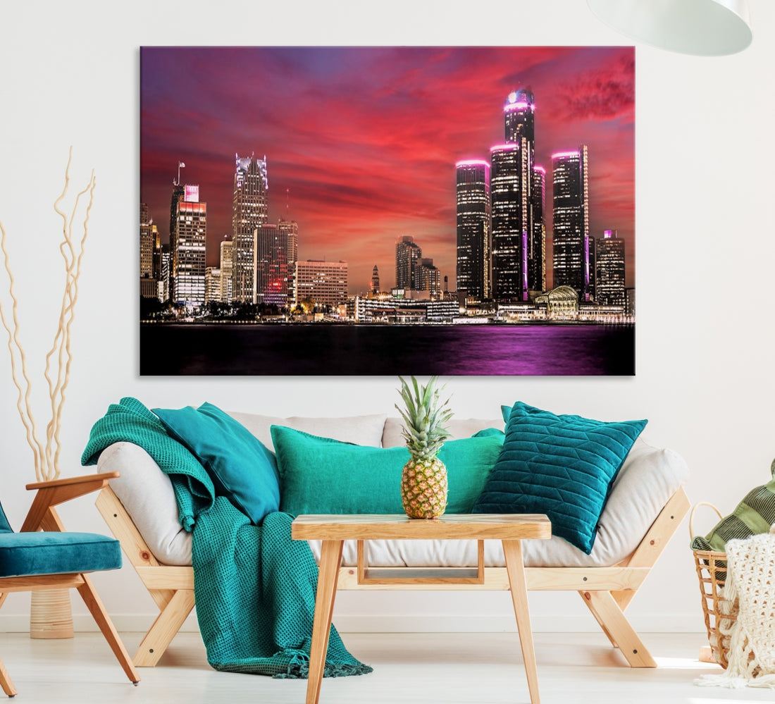 Detroit Red Purple Sky Sunset Skyline Cityscape Wall Art Canvas Print
