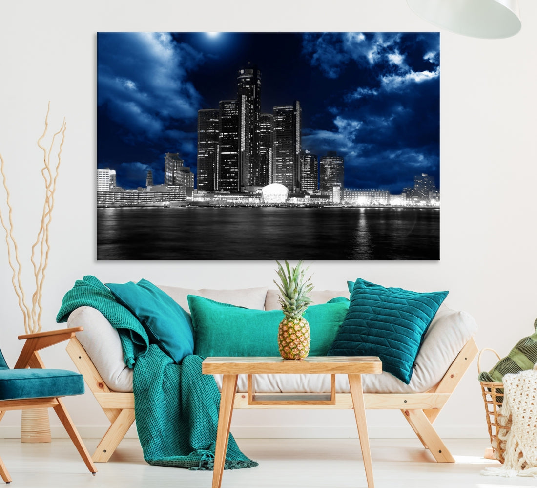 Detroit Skyline Stormy Night Blue Weather Cityscape Wall Art Canvas Print