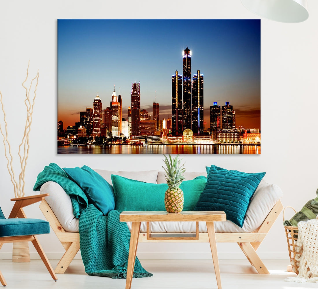 Detroit Towers at Sunset Skyline Cityscape Large Wall Art Canvas Print