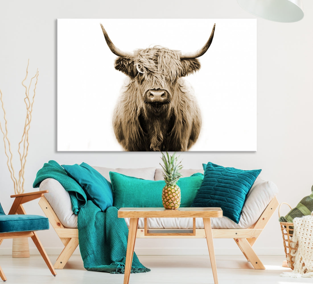 Sepia Scottish Highland Cow to Your Farmhouse with Our Wall Art Canvas Print Rustic Decor