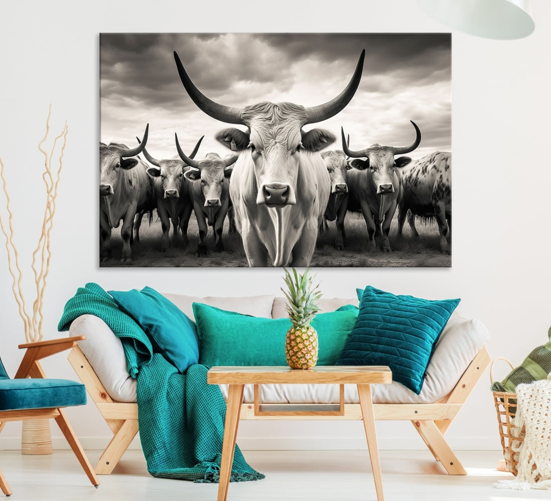 Texas Bighorn Cow Animal Wall Art Canvas Print, Longhorn Cow Large Wall Art