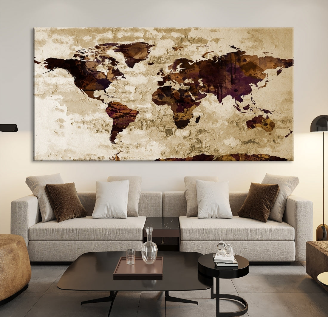 Large Wall Art Brown and Purple Vintage World Map on Old Cream Brick Wall Canvas Print