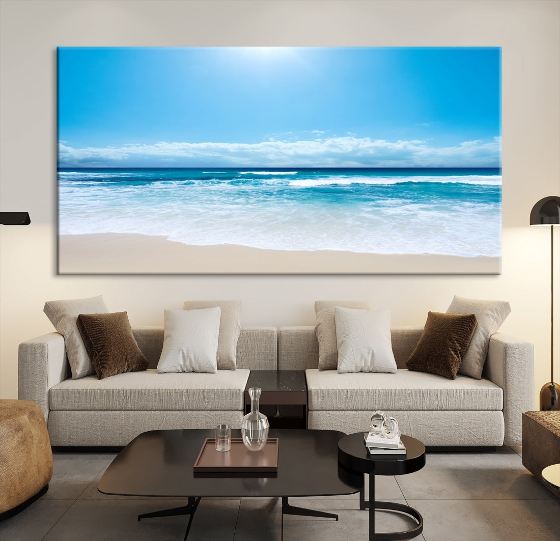Large Wall Art Canvas Print Shiny Blue Sea and Beach