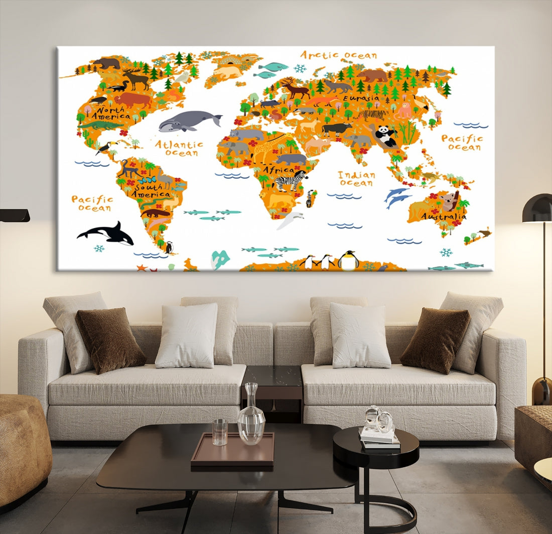 White and Orange Animal World Map Educational Art for Kids Room Nursery Decoration Canvas Print