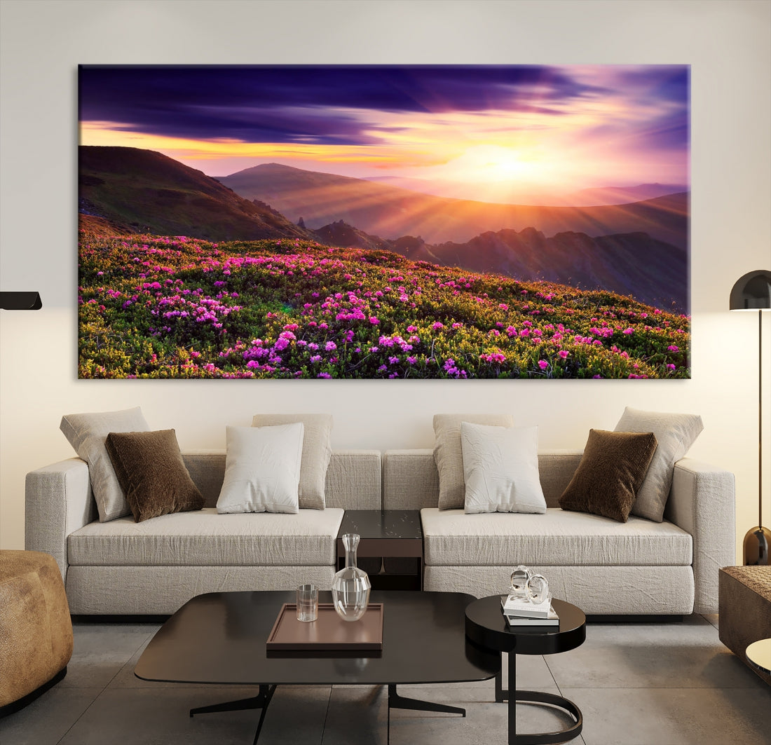 Alluring Spring Mountain with Flowers Sunset Landscape Canvas Wall Art Print