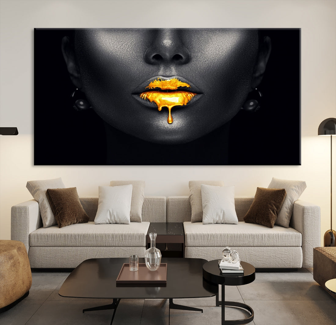 Honey Gold Lips and Black Woman Photograph Canvas Wall Art Print Makeup Canvas Art Lips Print Fashion Beauty Split