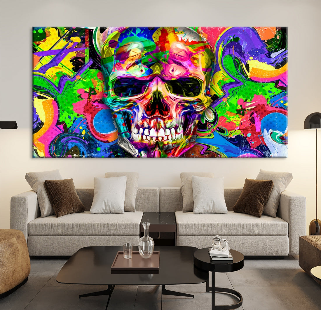Colorful Skull Canvas Art Print Large Psychedelic Painting Wall Art Framed