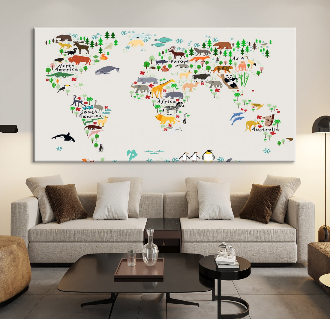 White Animal World Map Canvas Print Educational Wall Art for Kids Room Decor Easy to Hang