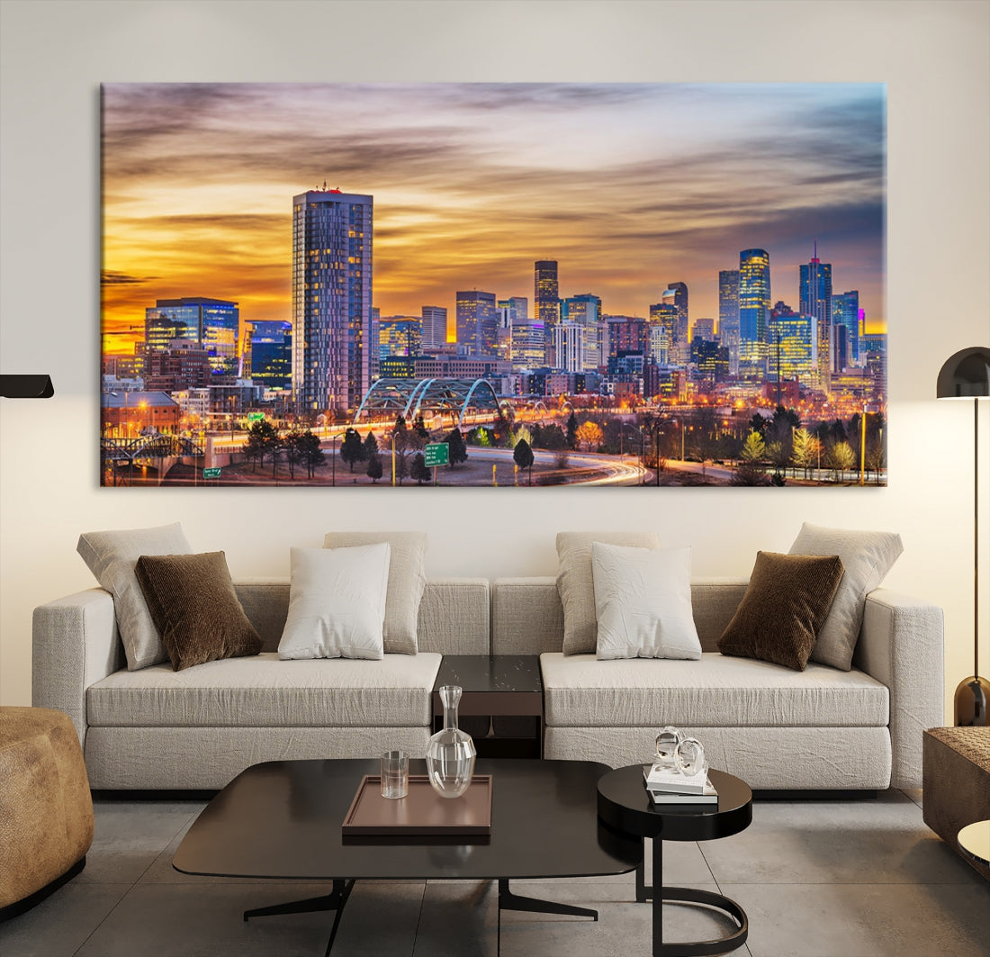 Extra Large Denver Cityscape Canvas Print Sunset Wall Art Framed