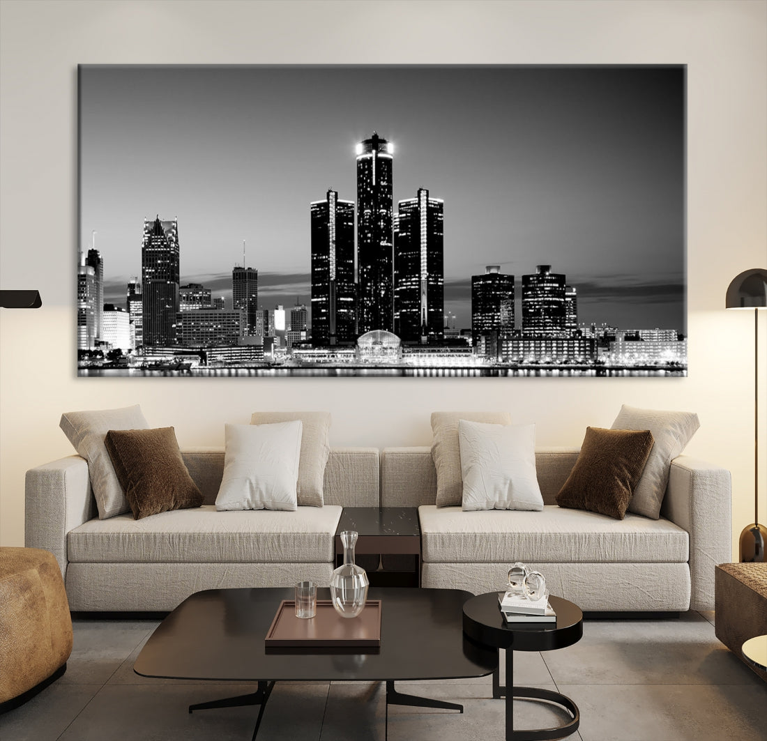 Extra Large Detroit Skyline Black and White Cityscape Wall Art Canvas Print