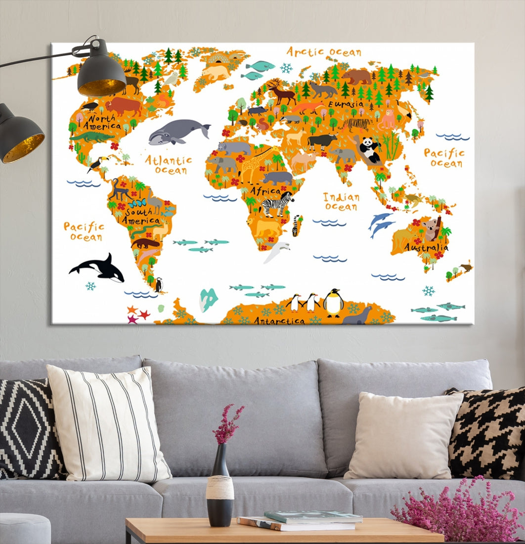 White and Orange Animal World Map Educational Art for Kids Room Nursery Decoration Canvas Print
