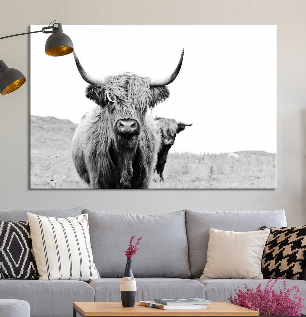 Black and White Highland Cow Canvas Wall Art Print Farmhouse Animal Decor