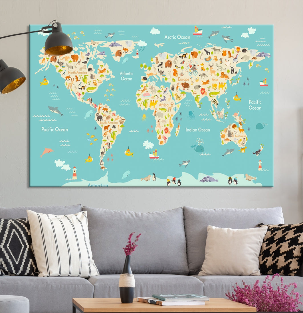 Colorful World Map with Animals Extra Large Wall Art Canvas Print Nursery Decor