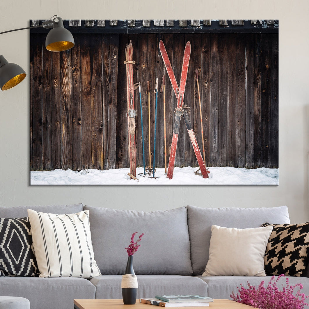 Large Old Skis on Wooden Art | Extra Large Canvas Wall Art | Rustic Decor | Vintage Art | Sports Wall Art