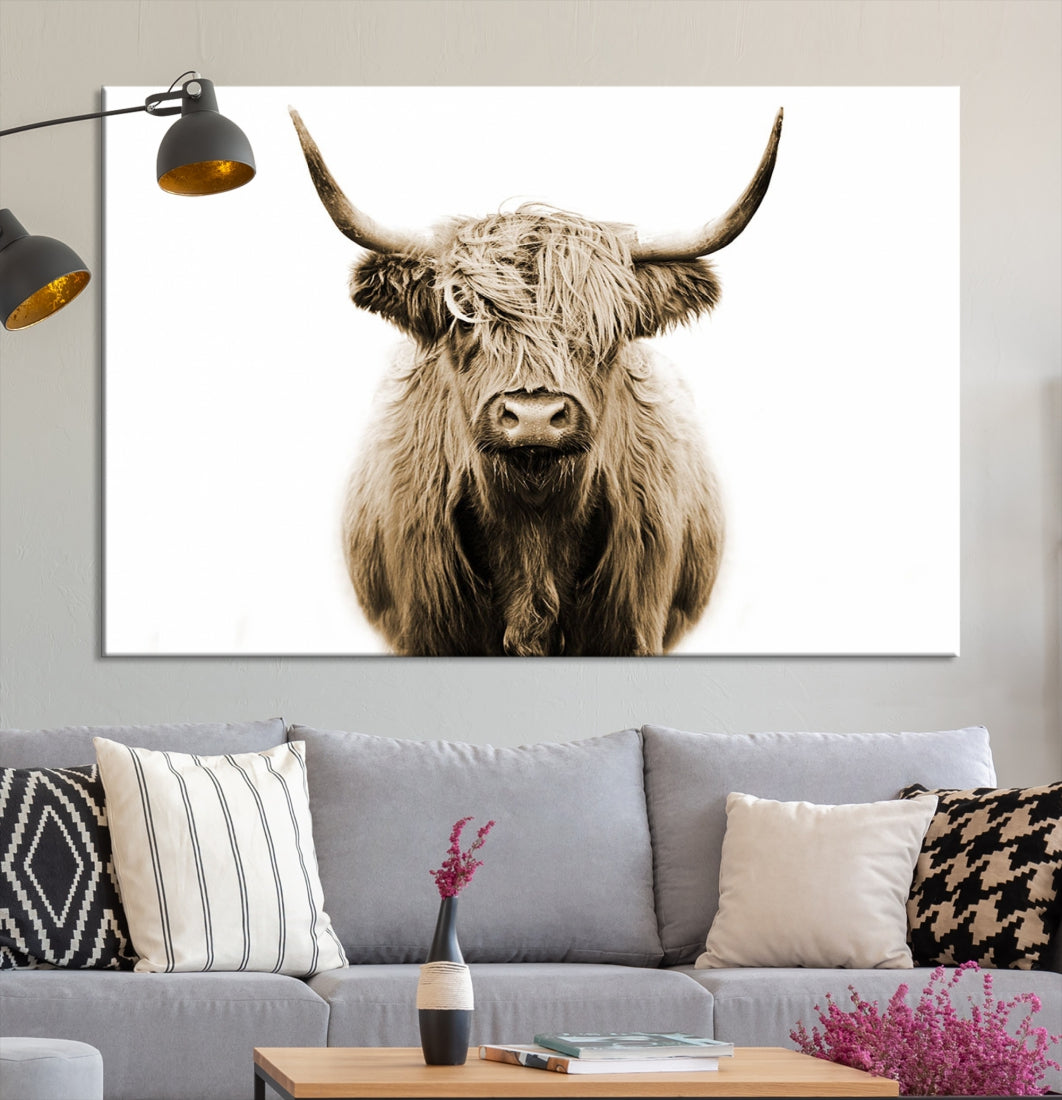 Sepia Scottish Highland Cow to Your Farmhouse with Our Wall Art Canvas Print Rustic Decor
