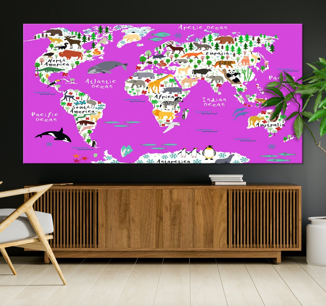Purple Animal World Map Canvas Prints For Kids Room Decoration, Kids World Map Canvas Print Nursery Room Canvas Wall